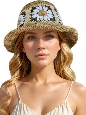 Women Foldable Summer Wide Brim Packable Sun Hat Travel Straw Fedora Hat Floral3